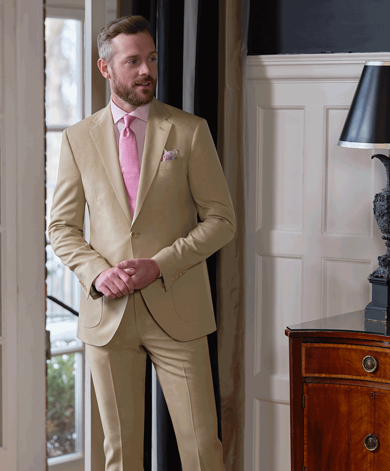 Light tan cotton, silk & linen blend summer suit. Cloth number 25147.