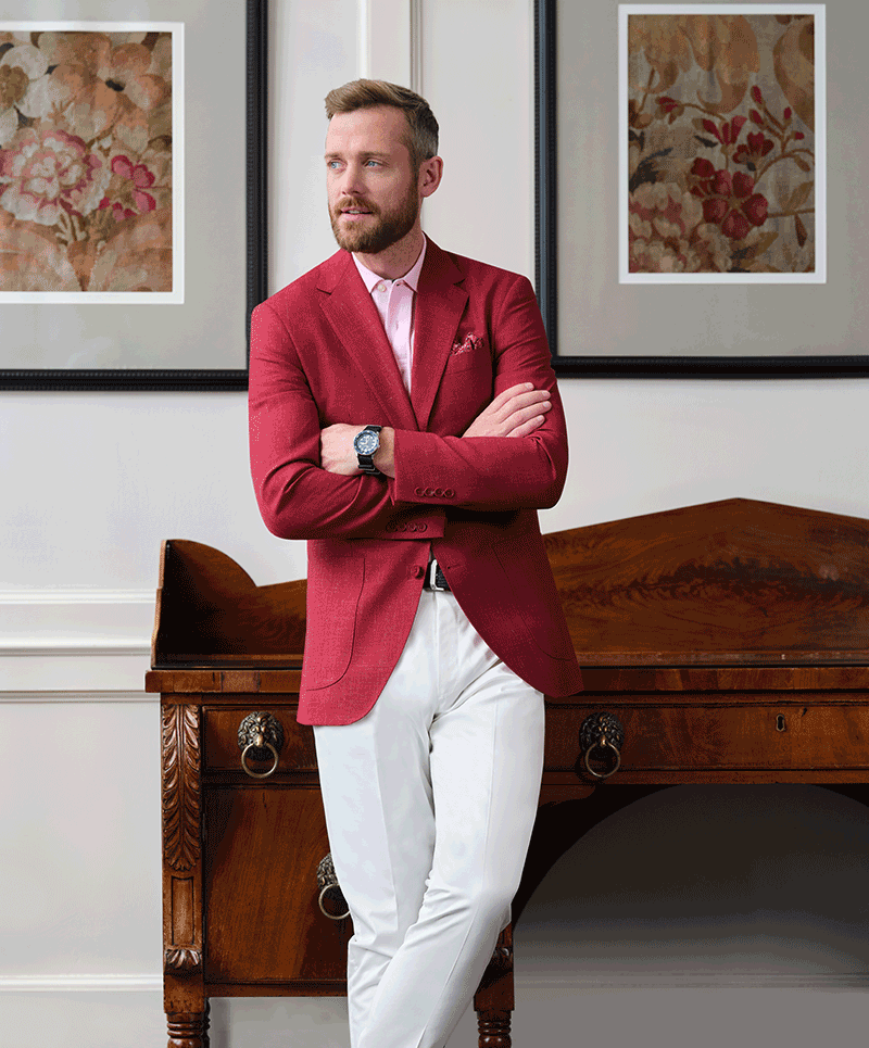 Red Super 120’s wool, silk and linen blend sport coat, cloth 25152, paired with
white cotton stretch pants, cloth 60785. 