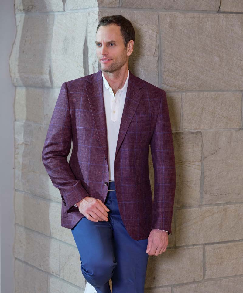 Red and blue windowpane sport coat in wool and linen blend fabric from Loro Piana
(cloth #28001) paired with blue stretch cotton trousers (cloth # 60784)